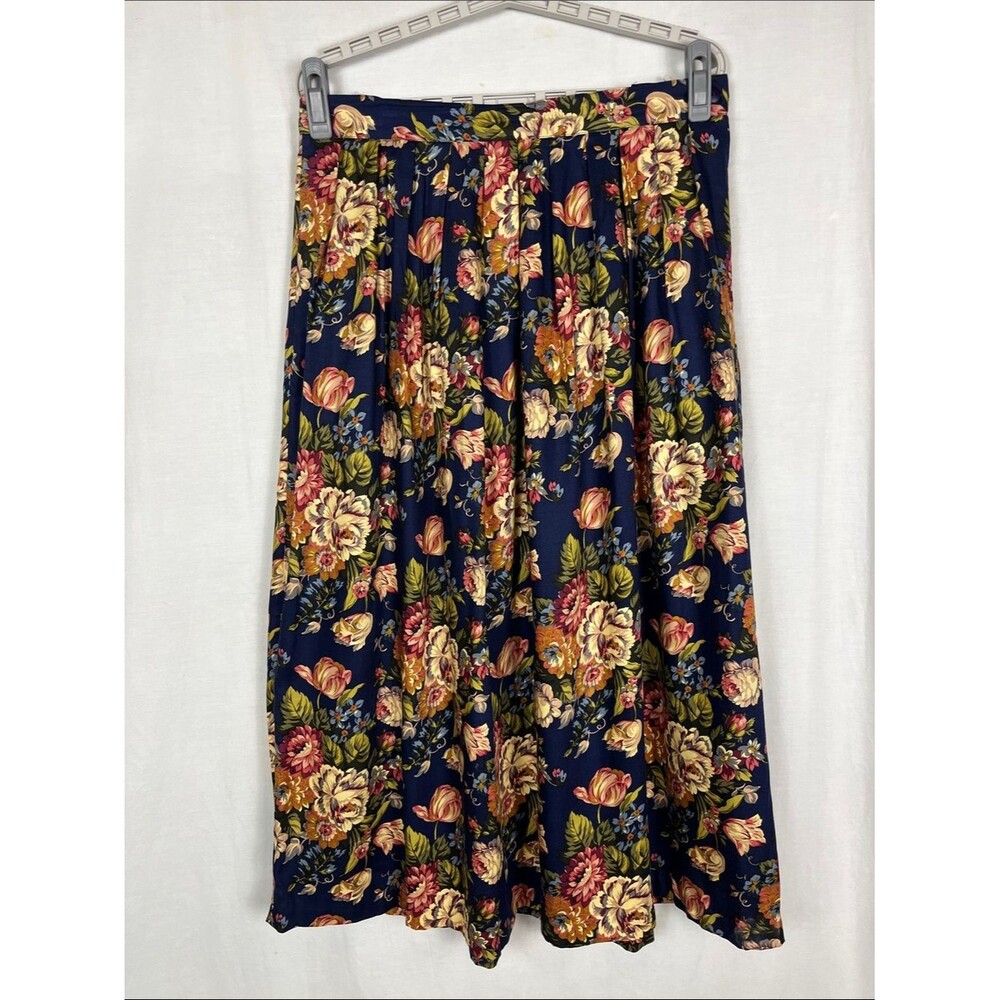Vintage 1990s Charter Club Blue and Pink Floral Pleated Midi Skirt